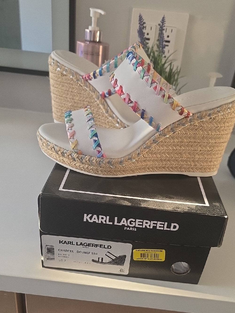 Karl Lagerfeld White Wedge Espadrilles with Multicolor Braided Trim. Size 7